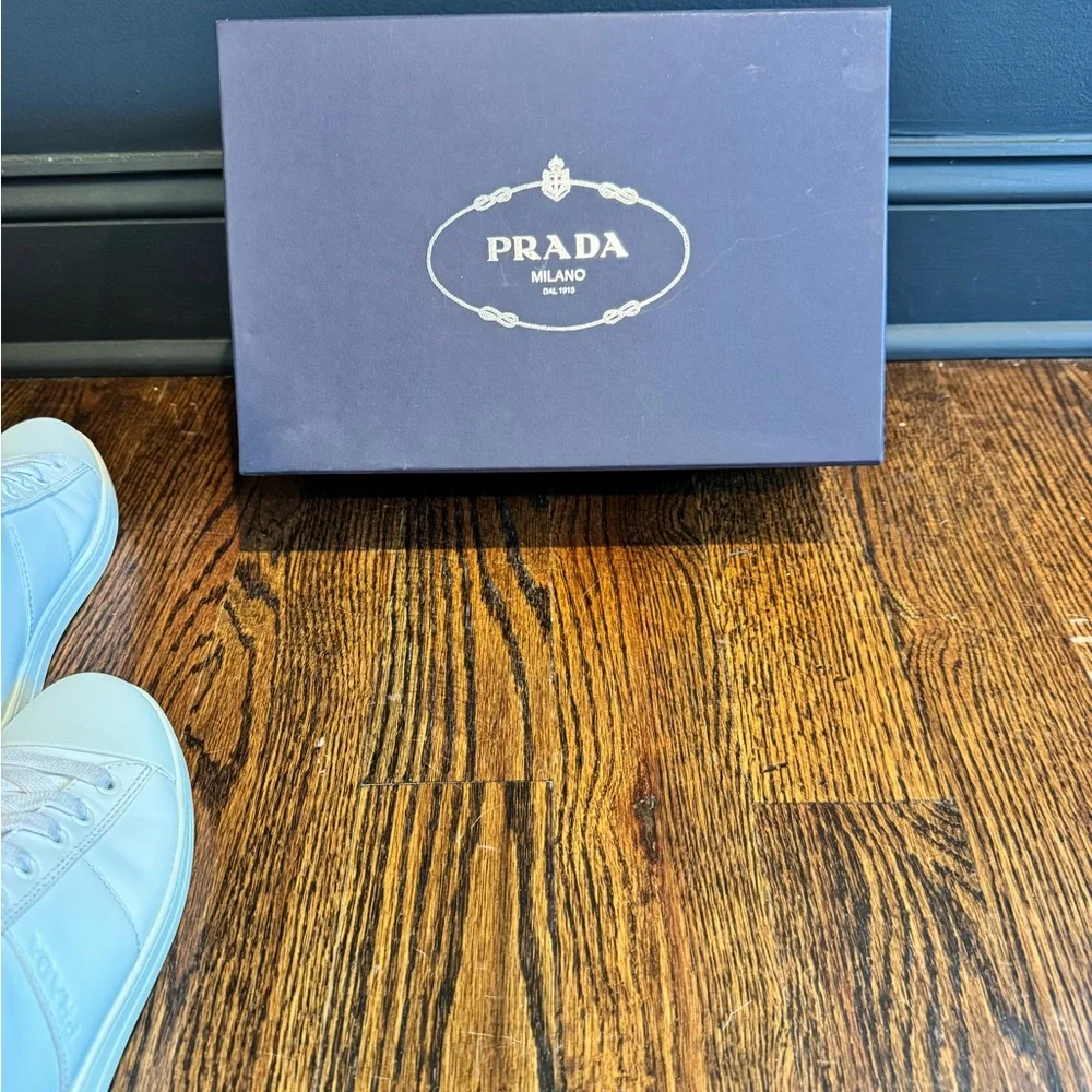 Prada White Leather Low-Top Sneakers with Red Heel - Picture 5 of 5